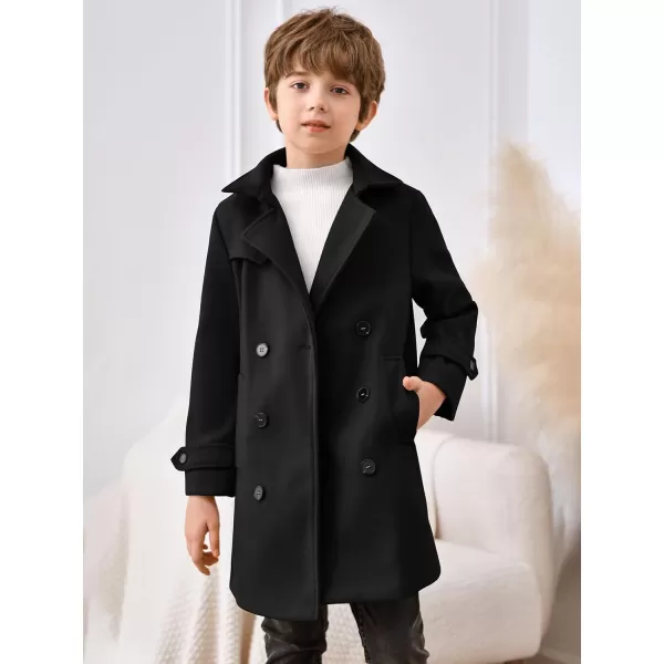 Haloumoning Boys Double Breasted Peacoat Notched Lapel Collar Wool Blend Long Coat with Pockets