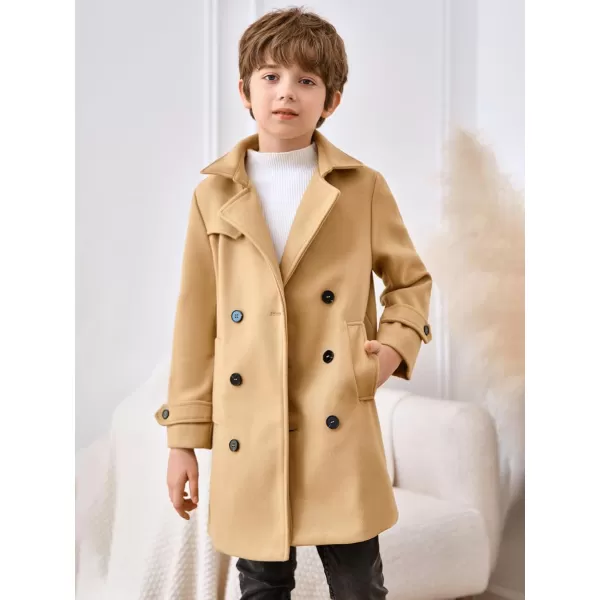 Haloumoning Boys Double Breasted Peacoat Notched Lapel Collar Wool Blend Long Coat with Pockets