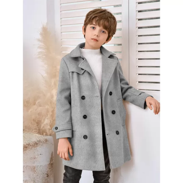 Haloumoning Boys Double Breasted Peacoat Notched Lapel Collar Wool Blend Long Coat with Pockets