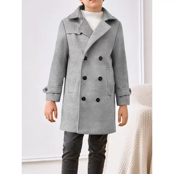 Haloumoning Boys Double Breasted Peacoat Notched Lapel Collar Wool Blend Long Coat with Pockets