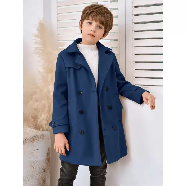 Haloumoning Boys Double Breasted Peacoat Notched Lapel Collar Wool Blend Long Coat with Pockets