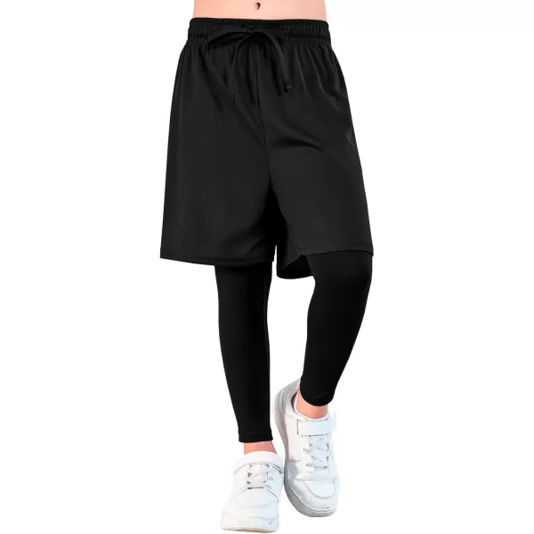 Haloumoning Boys Sports Leggings with Shorts Kids 2 in 1 Running Workout Athletic Legging Pants 5-14 Years