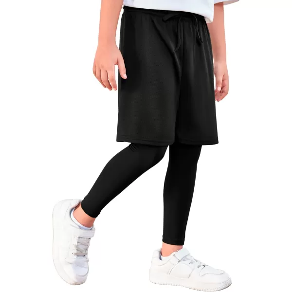 Haloumoning Boys Sports Leggings with Shorts Kids 2 in 1 Running Workout Athletic Legging Pants 5-14 Years