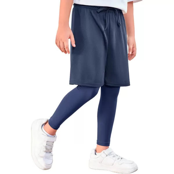 Haloumoning Boys Sports Leggings with Shorts Kids 2 in 1 Running Workout Athletic Legging Pants 5-14 Years
