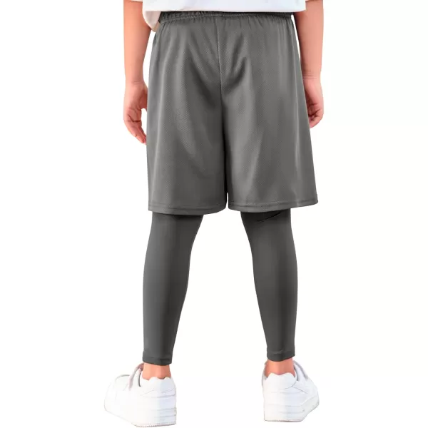 Haloumoning Boys Sports Leggings with Shorts Kids 2 in 1 Running Workout Athletic Legging Pants 5-14 Years