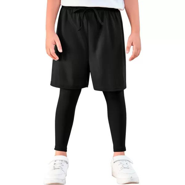 Haloumoning Boys Sports Leggings with Shorts Kids 2 in 1 Running Workout Athletic Legging Pants 5-14 Years
