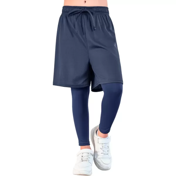 Haloumoning Boys Sports Leggings with Shorts Kids 2 in 1 Running Workout Athletic Legging Pants 5-14 Years