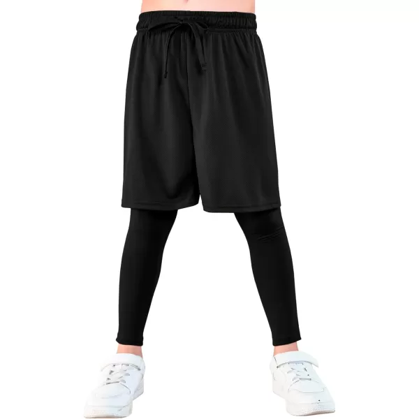 Haloumoning Boys Sports Leggings with Shorts Kids 2 in 1 Running Workout Athletic Legging Pants 5-14 Years