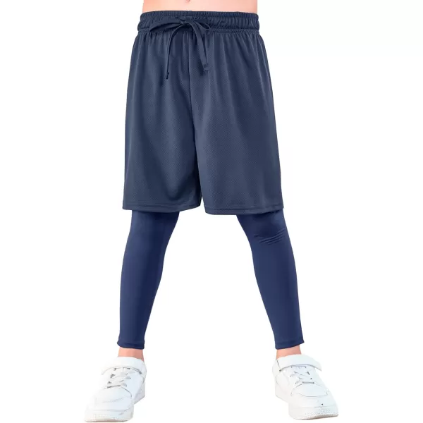 Haloumoning Boys Sports Leggings with Shorts Kids 2 in 1 Running Workout Athletic Legging Pants 5-14 Years