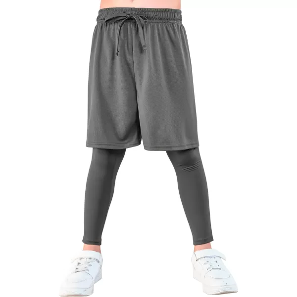 Haloumoning Boys Sports Leggings with Shorts Kids 2 in 1 Running Workout Athletic Legging Pants 5-14 Years