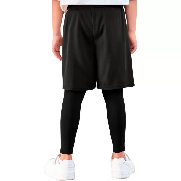 Haloumoning Boys Sports Leggings with Shorts Kids 2 in 1 Running Workout Athletic Legging Pants 5-14 Years