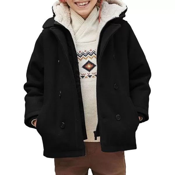 Haloumoning Boys Wool Blend Winter Coat Notched Collar Double Breasted Hooded Pea Coat Warm Outwear