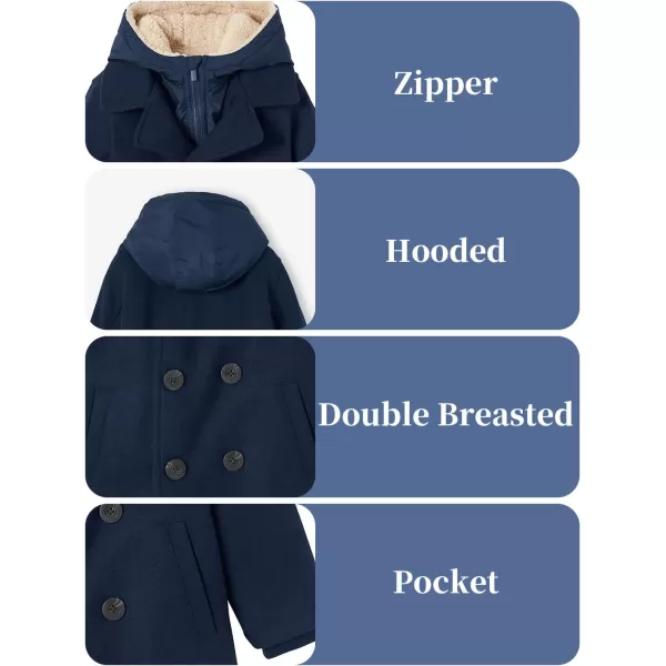 Haloumoning Boys Wool Blend Winter Coat Notched Collar Double Breasted Hooded Pea Coat Warm Outwear
