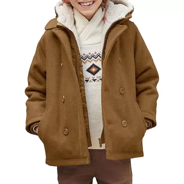 Haloumoning Boys Wool Blend Winter Coat Notched Collar Double Breasted Hooded Pea Coat Warm Outwear