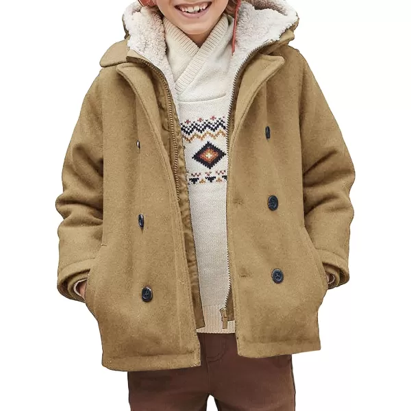 Haloumoning Boys Wool Blend Winter Coat Notched Collar Double Breasted Hooded Pea Coat Warm Outwear