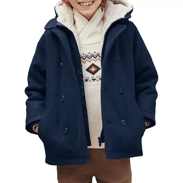 Haloumoning Boys Wool Blend Winter Coat Notched Collar Double Breasted Hooded Pea Coat Warm Outwear