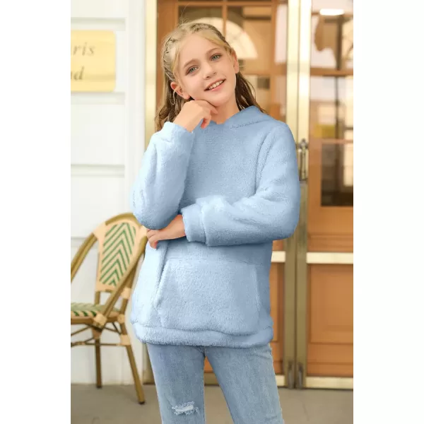 Haloumoning Girls Fuzzy Fleece Pullover Hoodies Sweatshirt Casual Loose Outwear Coat with Pockets 4-15 Years