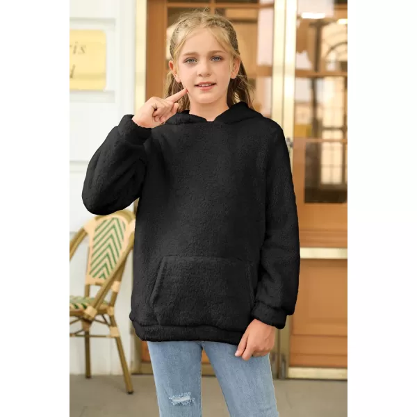 Haloumoning Girls Fuzzy Fleece Pullover Hoodies Sweatshirt Casual Loose Outwear Coat with Pockets 4-15 Years