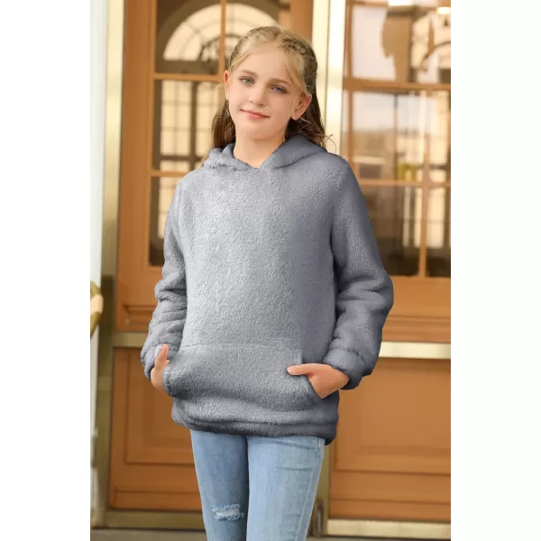 Haloumoning Girls Fuzzy Fleece Pullover Hoodies Sweatshirt Casual Loose Outwear Coat with Pockets 4-15 Years