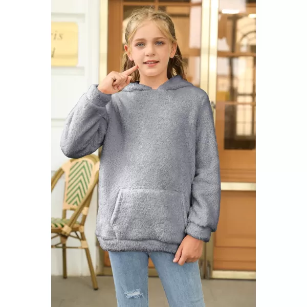 Haloumoning Girls Fuzzy Fleece Pullover Hoodies Sweatshirt Casual Loose Outwear Coat with Pockets 4-15 Years