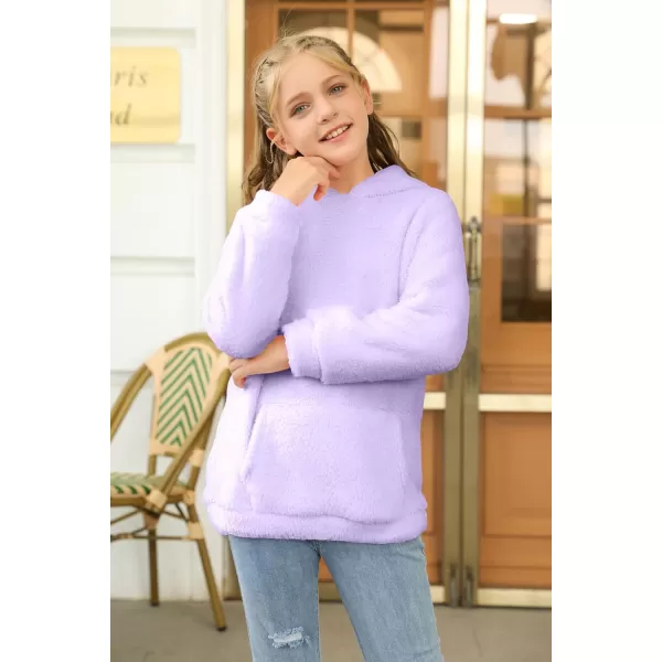 Haloumoning Girls Fuzzy Fleece Pullover Hoodies Sweatshirt Casual Loose Outwear Coat with Pockets 4-15 Years