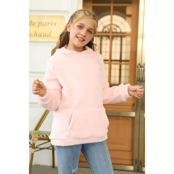 Haloumoning Girls Fuzzy Fleece Pullover Hoodies Sweatshirt Casual Loose Outwear Coat with Pockets 4-15 Years