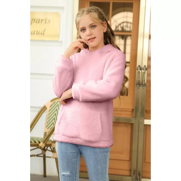 Haloumoning Girls Fuzzy Fleece Pullover Hoodies Sweatshirt Casual Loose Outwear Coat with Pockets 4-15 Years