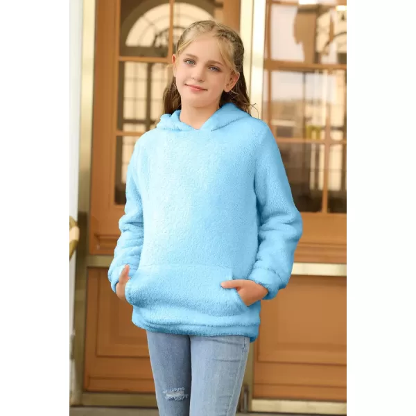 Haloumoning Girls Fuzzy Fleece Pullover Hoodies Sweatshirt Casual Loose Outwear Coat with Pockets 4-15 Years