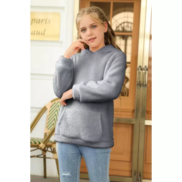 Haloumoning Girls Fuzzy Fleece Pullover Hoodies Sweatshirt Casual Loose Outwear Coat with Pockets 4-15 Years