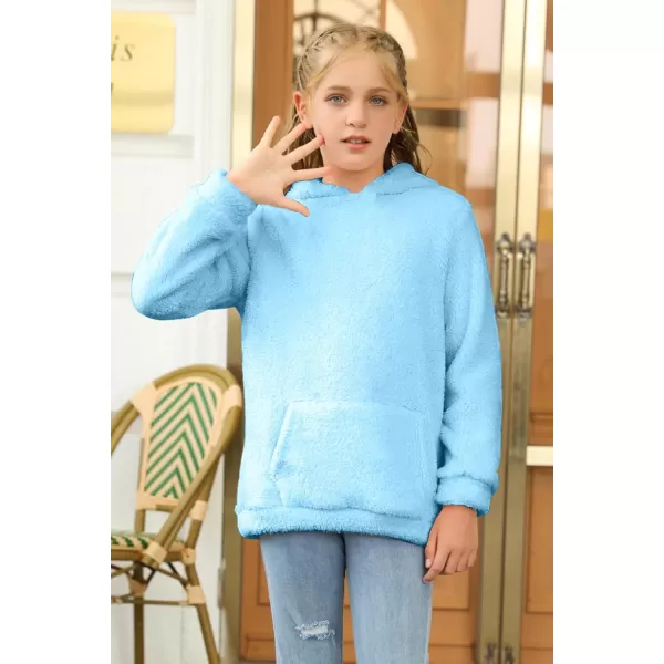 Haloumoning Girls Fuzzy Fleece Pullover Hoodies Sweatshirt Casual Loose Outwear Coat with Pockets 4-15 Years