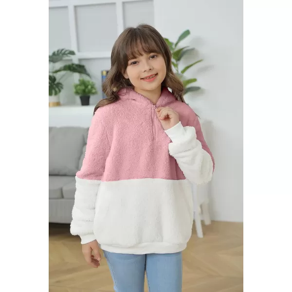 Haloumoning Girls Fuzzy Fleece Pullover Hoodies Sweatshirt Casual Loose Outwear Coat with Pockets 4-15 Years