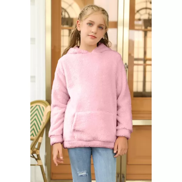 Haloumoning Girls Fuzzy Fleece Pullover Hoodies Sweatshirt Casual Loose Outwear Coat with Pockets 4-15 Years