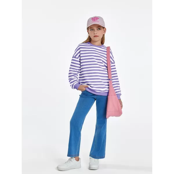 Haloumoning Girls Striped Crewneck Sweatshirt Kids Long Sleeve Oversized Fashion Pullover Tops Fall Clothes 5-14 Years