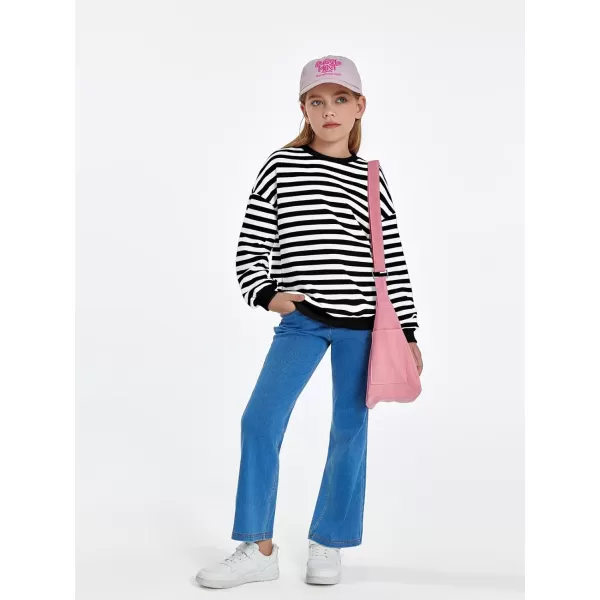 Haloumoning Girls Striped Crewneck Sweatshirt Kids Long Sleeve Oversized Fashion Pullover Tops Fall Clothes 5-14 Years