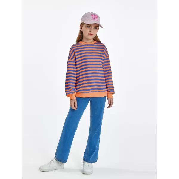 Haloumoning Girls Striped Crewneck Sweatshirt Kids Long Sleeve Oversized Fashion Pullover Tops Fall Clothes 5-14 Years