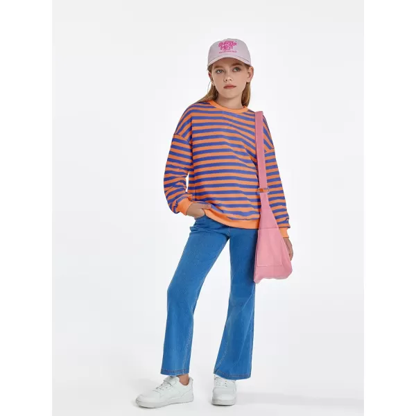 Haloumoning Girls Striped Crewneck Sweatshirt Kids Long Sleeve Oversized Fashion Pullover Tops Fall Clothes 5-14 Years