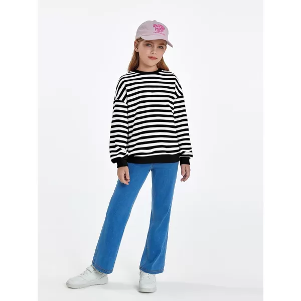 Haloumoning Girls Striped Crewneck Sweatshirt Kids Long Sleeve Oversized Fashion Pullover Tops Fall Clothes 5-14 Years