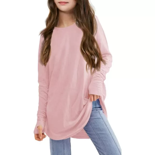 Girls Thumb Holes Long Sleeve Shirts Kids Crewneck Hem Loose Tunic Tops 5-14 Years