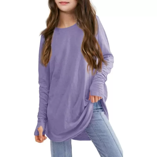 Girls Thumb Holes Long Sleeve Shirts Kids Crewneck Hem Loose Tunic Tops 5-14 Years