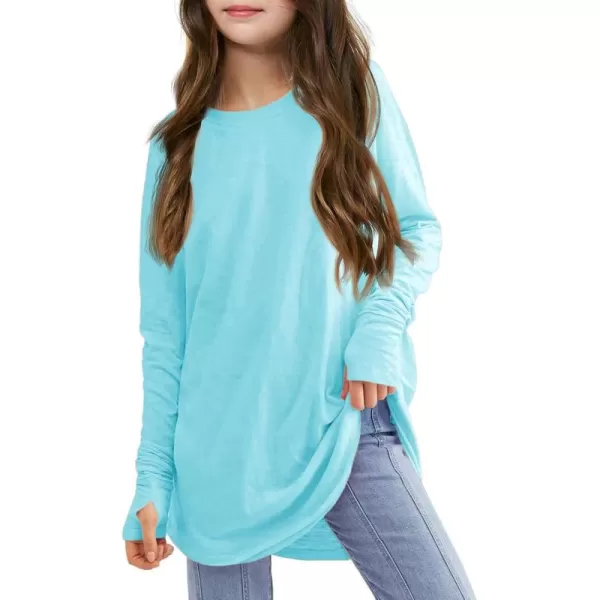Girls Thumb Holes Long Sleeve Shirts Kids Crewneck Hem Loose Tunic Tops 5-14 Years