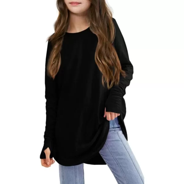Girls Thumb Holes Long Sleeve Shirts Kids Crewneck Hem Loose Tunic Tops 5-14 Years