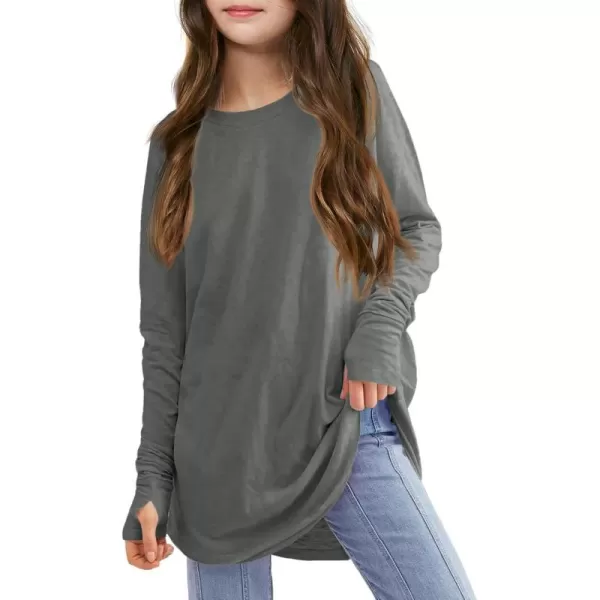 Girls Thumb Holes Long Sleeve Shirts Kids Crewneck Hem Loose Tunic Tops 5-14 Years
