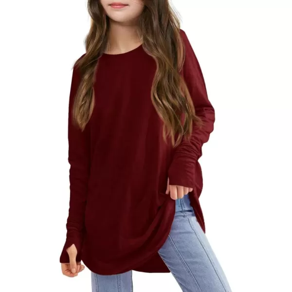 Girls Thumb Holes Long Sleeve Shirts Kids Crewneck Hem Loose Tunic Tops 5-14 Years