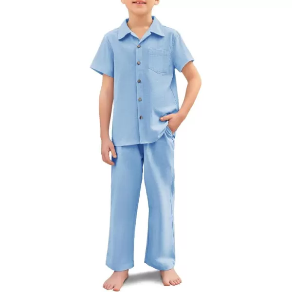 Haloumoning Boys 2 Piece Outfits Button Down Short Sleeve Shirt And Elastic Waist Pants Set with Pockets 5-14 Years
