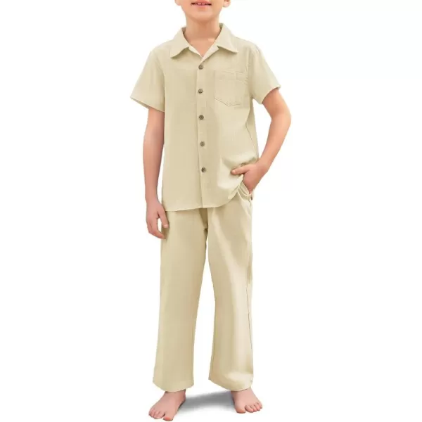 Haloumoning Boys 2 Piece Outfits Button Down Short Sleeve Shirt And Elastic Waist Pants Set with Pockets 5-14 Years