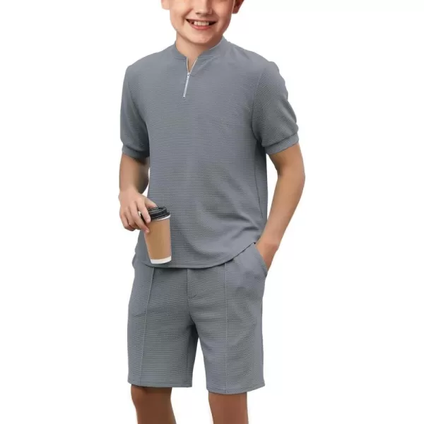 Haloumoning Boys 2 Piece Short Sets Tracksuit Quarter Zip T Shirts and Elastic Waist Shorts 5-14 Years