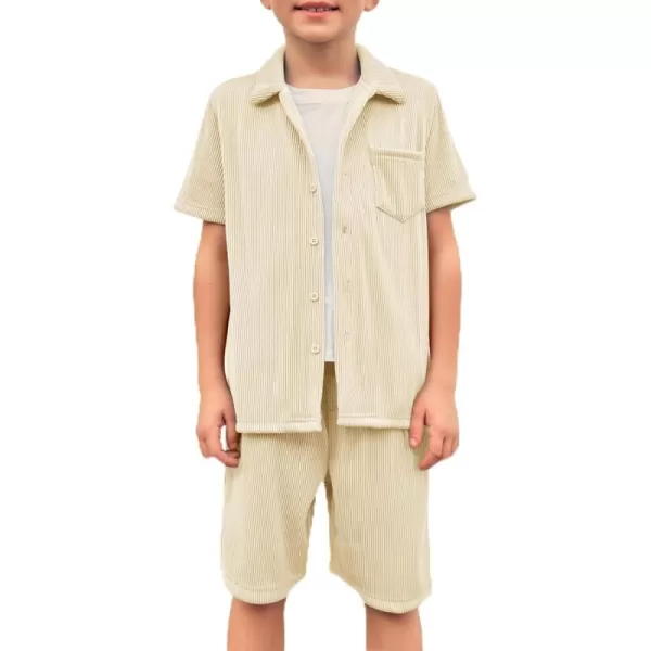 Haloumoning Boys 2 Pieces Shirt Set Short Sleeve Button Down Hippie T-Shirts Shorts Sets Summer Fashion Beach Outfits, Beige