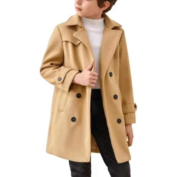 Haloumoning Boys Double Breasted Peacoat Notched Lapel Collar Wool Blend Long Coat with Pockets
