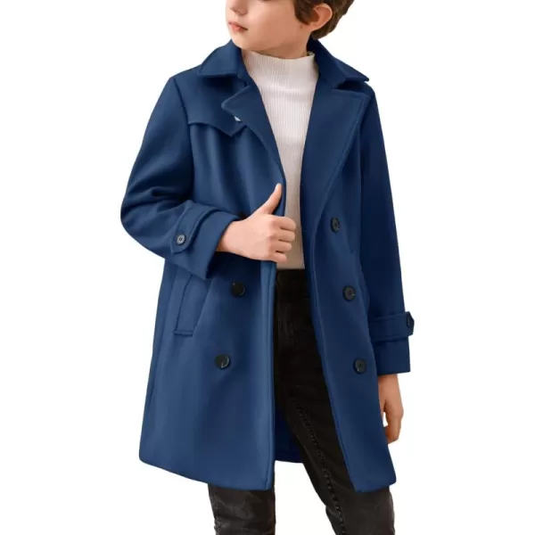 Haloumoning Boys Double Breasted Peacoat Notched Lapel Collar Wool Blend Long Coat with Pockets