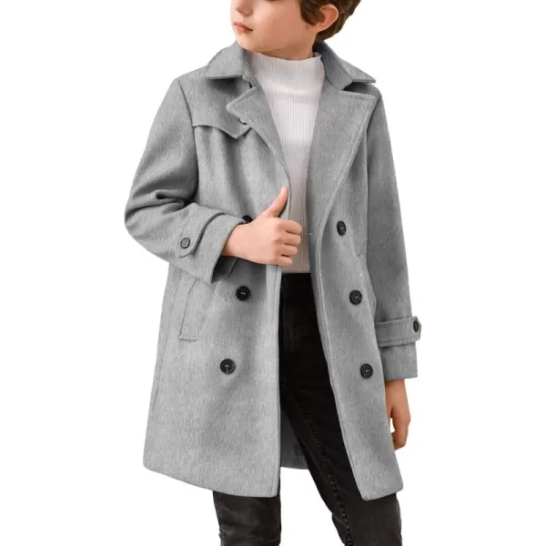 Haloumoning Boys Double Breasted Peacoat Notched Lapel Collar Wool Blend Long Coat with Pockets